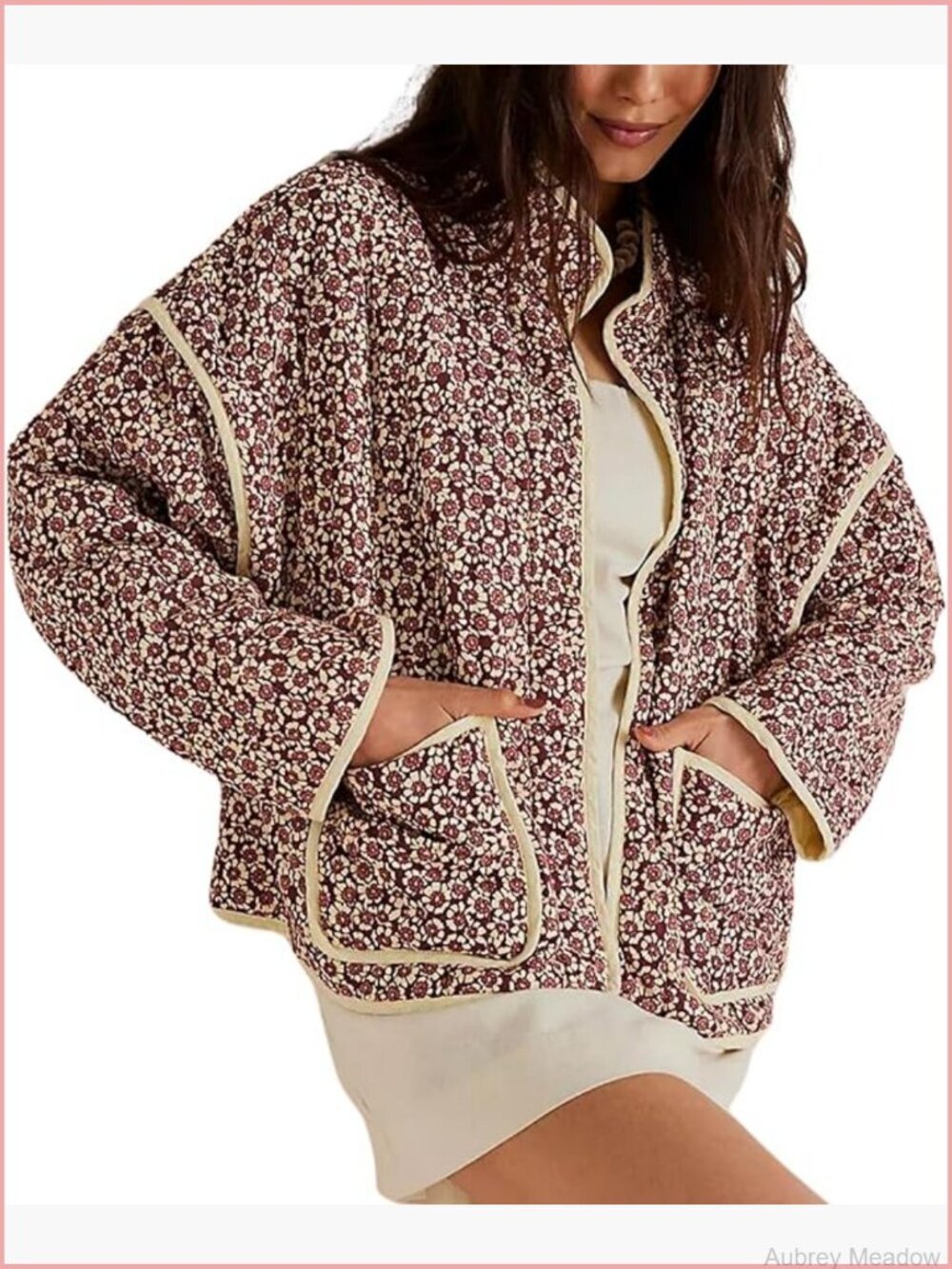 Cropped Quilted Lightweight Jacket Floral Printed Open Front Puffer Coat